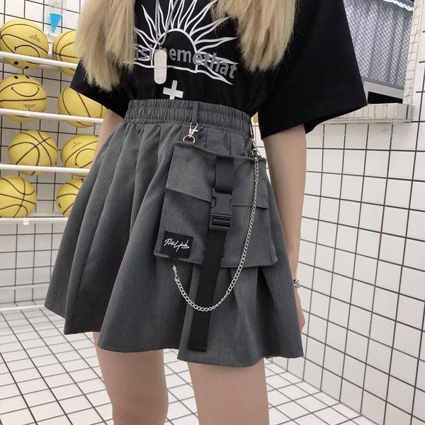 

harajuku high waisted streetwear women skirt punk gothic short tooling half length pleated korean mini skirts, Black