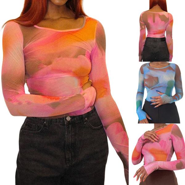 

running jerseys women sheer mesh , stylish long sleeve tie dye print crew neck slim fit t-shirts 2021 fashion, Black;blue