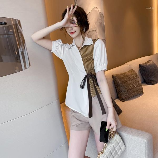 

tianluo women's 2021 summer korean temperament color matching lace up design shirt slim shorts two piece set tracksuits, Gray