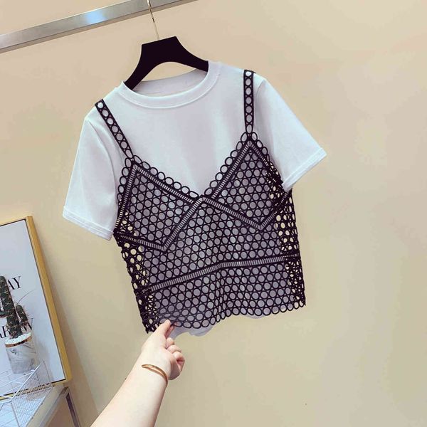 

tee summer 2 set women cotton white tshirt + crochet out shirts two piece shirt