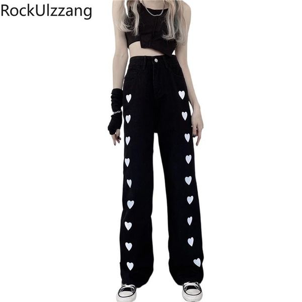 

high waist loose straight love embroidery cute heart denim pant women fashion boyfriend black long jeans plus size kawaii women's, Blue