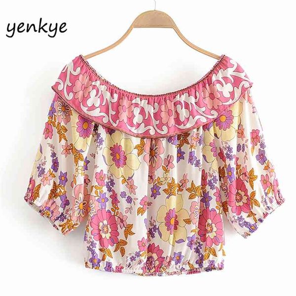 

floral print off shoulder women slash neck short sleeve boho blusas summer crop dwdd87174 210514, White