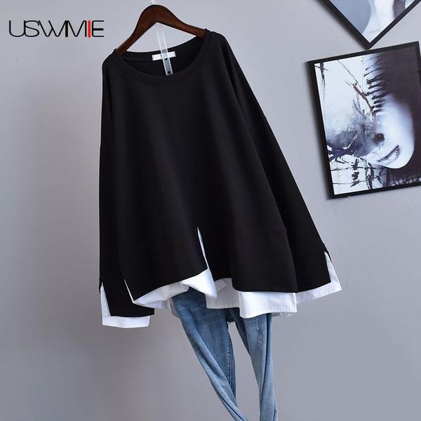 

spring oversized hoodie fashion leisure outwear long sleeve o-neck fake two pieces plus size sweatshirt women women's hoodies & sweatsh, Black