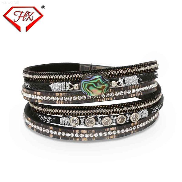 

luxury leather women's creative abalone shell rhinestone magnet buckle temperament personality designer jewelrymen bracelets, Golden;silver