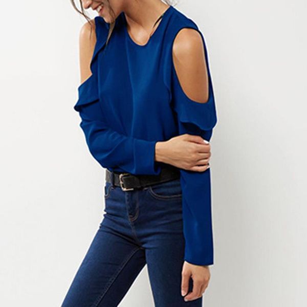 

summer women blouses black blue chiffon cold shoulder o-neck long sleeve casual female shirts plus size s-6xl blusas ws448x x0521, White