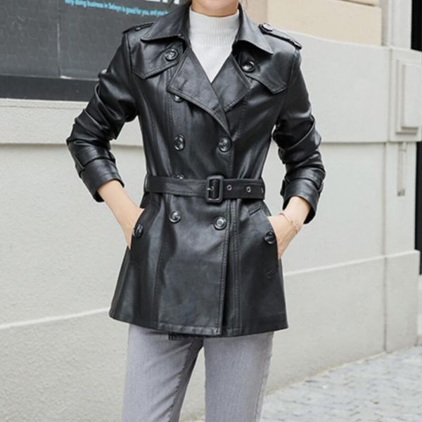 

women's leather & faux spring and autumn lapel collar women loose sheepskin motorcycle jacket trend female fashion casual coat m-3xl, Black