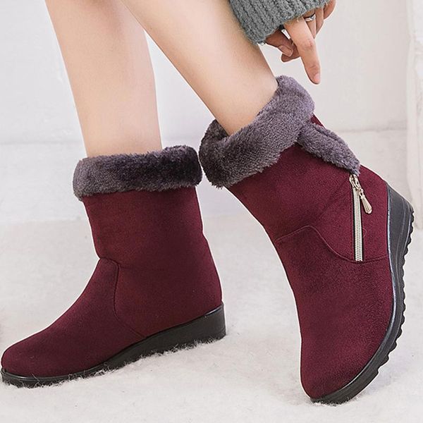 

boots winter women suede shoes casual fur ankle for wedges plush snow ladies zipper botines mujer, Black