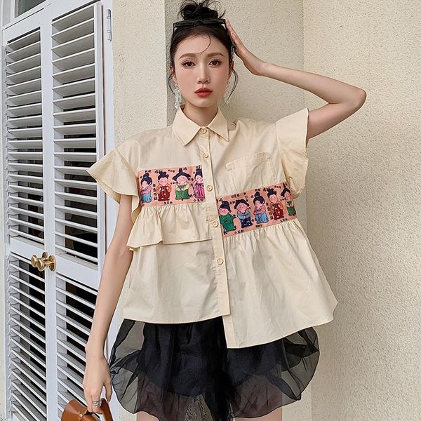 

women's blouses & shirts zcsmll cartoon print shirt female design sense niche 2021 summer asymmetric turn-down collar short sleeve chic, White