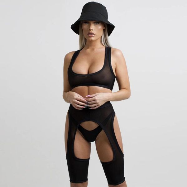 

women's tracksuits yeiteiy womens fashion four-piece see-through camisole collocation briefs high-waist shorts suit, Gray