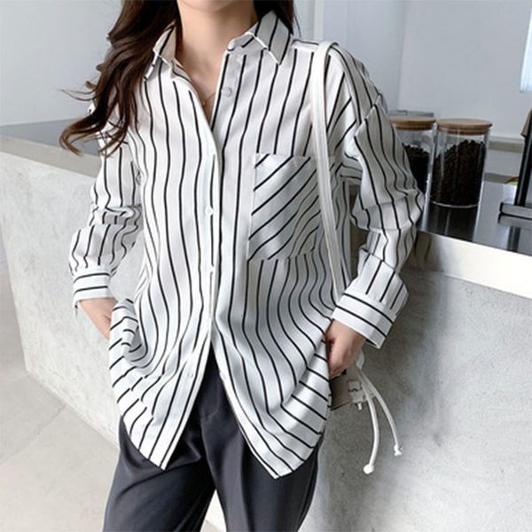 

women's blouses & shirts autumn korea fashion women long sleeve loose all-matched casual single pocket striped femme s80 y726, White