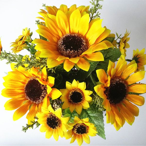 13 fiori artificiali di girasole di seta giallo a 13 teste, bouquet di 7 rami per la decorazione di nozze di hotel in giardino per feste in casa o in ufficio