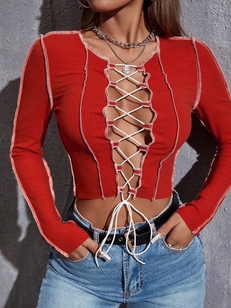 

titching lace up crop s9rg#, White