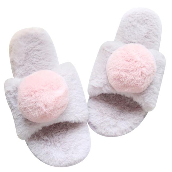 

soft faux fur slippers cute women plush ball indoor home floor comfortable pregnant shoes, Black