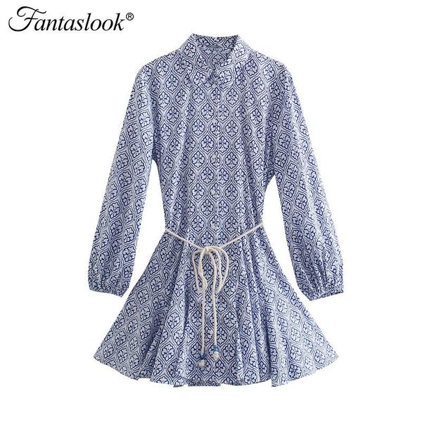 

casual dresses bohemian floral print dress women vintage long sleeved shirt autumn breasted sashes mini ruffles vestidos, Black;gray