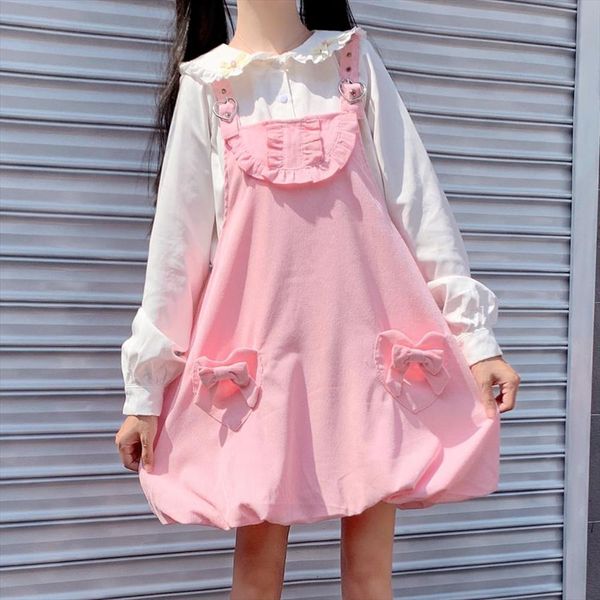 

japanese sweety soft girly peter women dress pan collar cute ears full sleeve shirts pink bow pocket suspender two piece, Black;gray