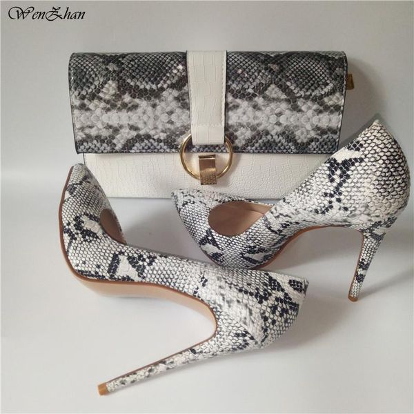 

fashion high heel shoes snake printed leather 12cm women pumps with matching clutch bags sets white color 36-42 dress, Black