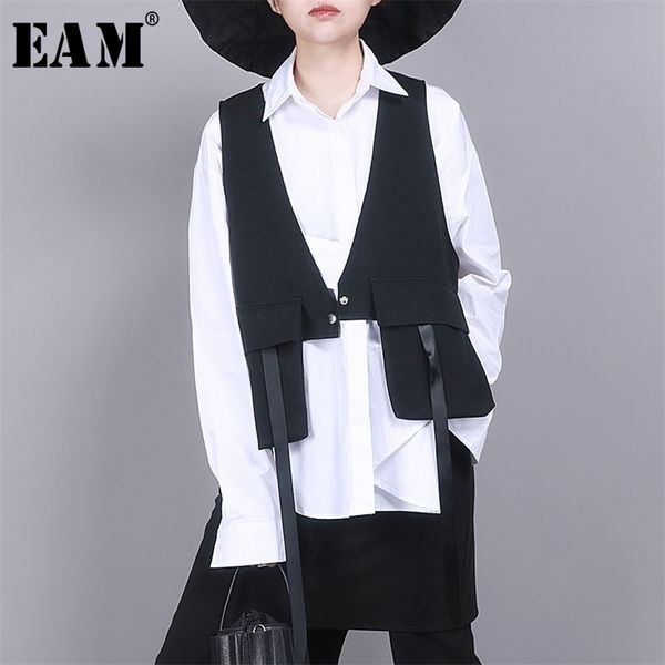 

[eam] women black asymmetrical split joint loose fit vest v-collar sleeveless fashion spring autumn 1r854 210909, Black;white