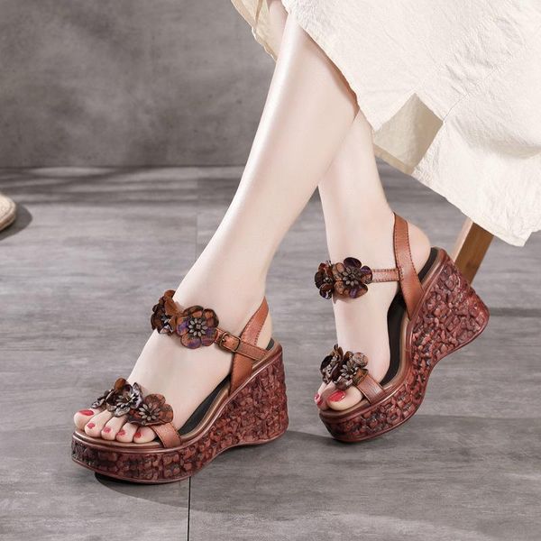 

sandals 2021 fish mouth high heels genuine leather summer roman shoes party floral women platform heighten wedges, Black