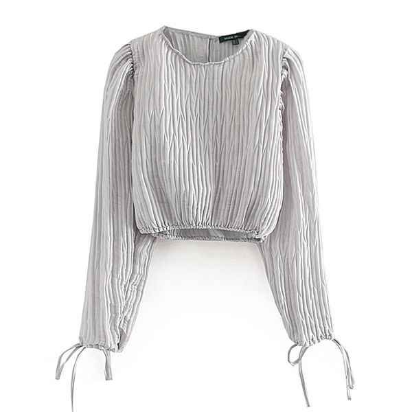 

chic fold gray short blouses women fashion o neck bow smock elegant ladies slim lace-up long sleeve shirts 210520, White