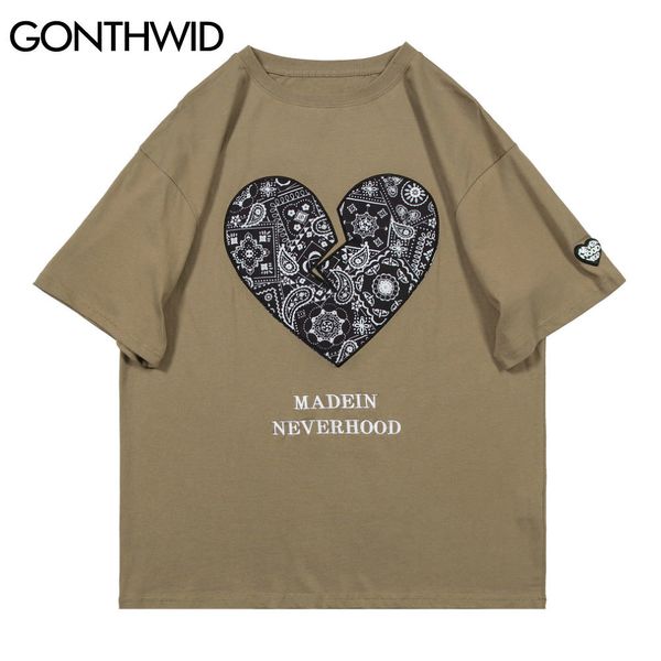 GONTHWID Tees Shirts Hip Hop Bandana Paisley Herz Druck T-shirts Streetwear Harajuku Casual Baumwolle Kurzarm T-Shirts Tops C0315