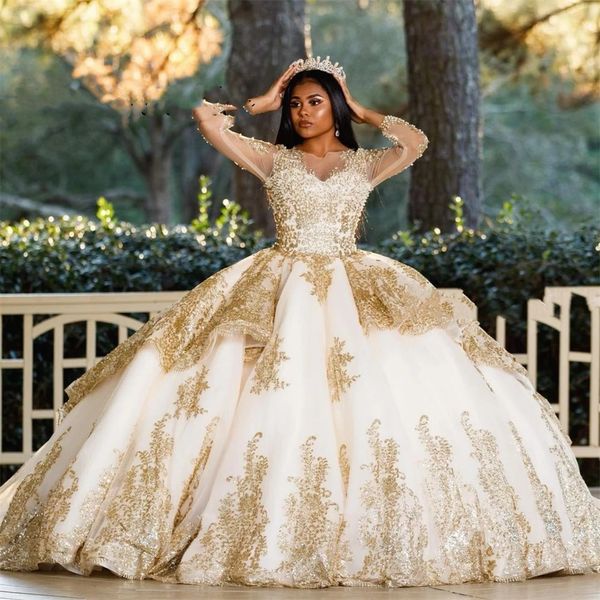 

champagne long sleeve ball gown quinceanera dresses formal prom graduation gowns lace up princess sweet 15 16 dress, Blue;red