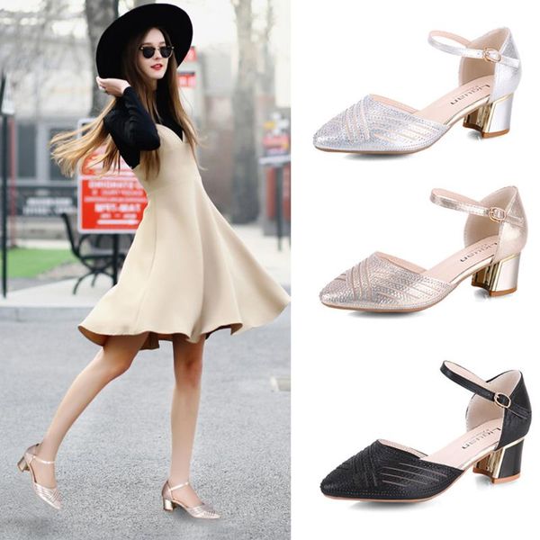 

women fashion casual pointed toe thick heels square buckle strap sneakers for walking mouth pumps shoes #56 sandals, Black