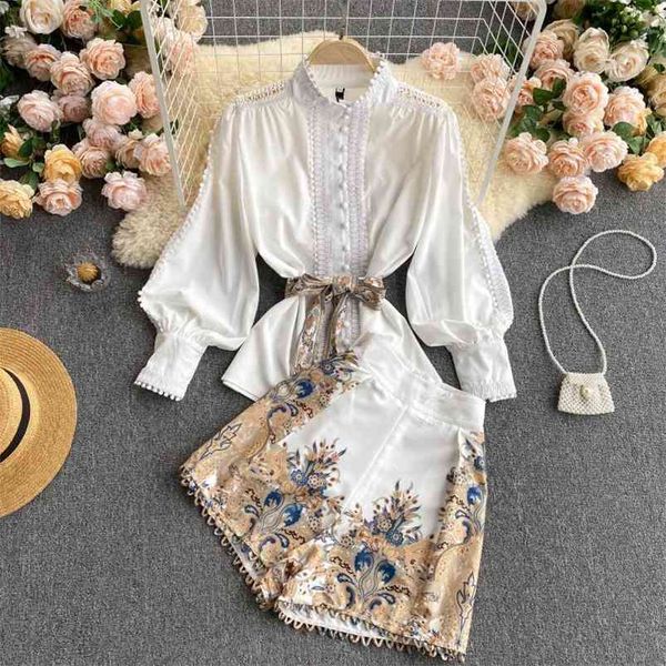 

spring women vintage floral white shirt hollow out short two piece sets puff sleeve sashes slim elegant 210430