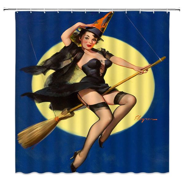 

sztnsm halloween theme shower curtain witch sitting on broom under golden full moon on halloween night,70x70 inch polyester