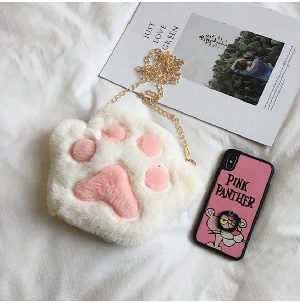 

dhl purse cute bear paw girls chain zipper shoulder bag lovely children's soft plush coin baby boys accessories small crossbody bags, White