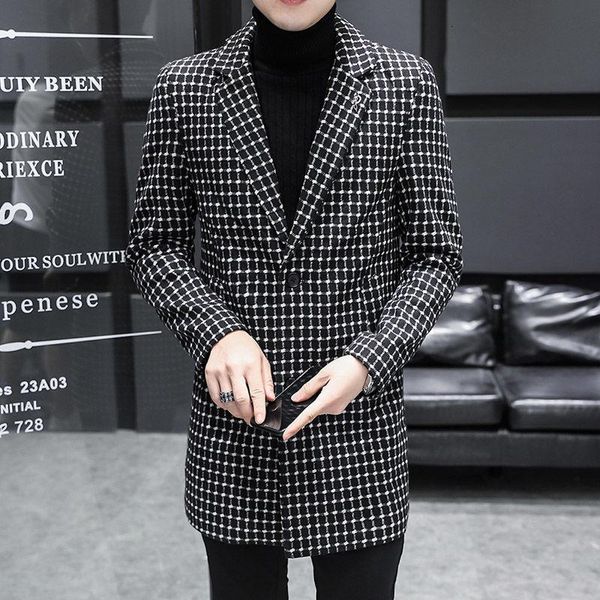 

men's wool & blends luxury coat abrigo largo hombre mens tweed autumn winter long thick warm jacket trend versatile casual lattice blen, Black