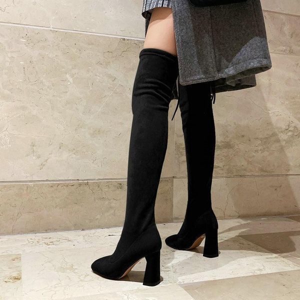 

boots nude thigh high for women fashion stretch long woman faux suede square toe thick heel over the knee 2021, Black