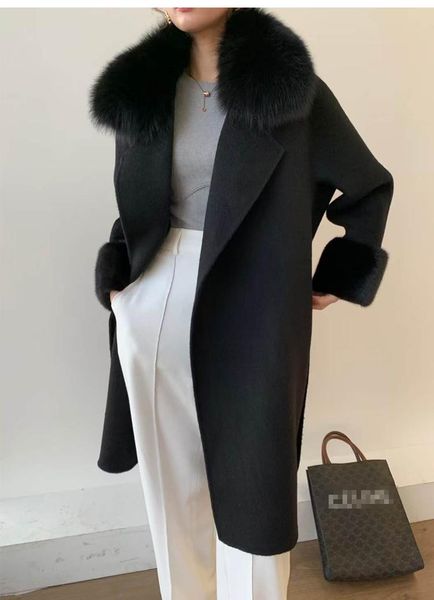

women's wool & blends 2021 fashion fur collar cashmere long outerwear, Black