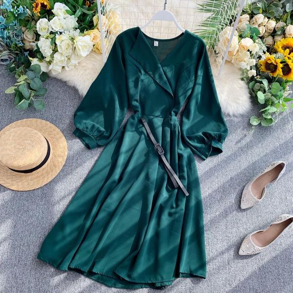 

casual dresses 2021 french style autumn women v neck solid elastic wasit with belt dress female puff sleeve elegant lady mid-calf b80, Black;gray