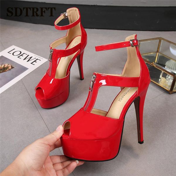 

sandals sdtrft summer t-strap zipper stilettos shoes woman 14cm thin heels party dance pumps gladiator platforms sandalias, Black