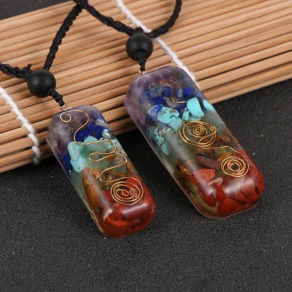 

natural chip gravel stone resin 7 chakra orgone energy pendant necklace reiki healing pendulum amulet for men women couples necklaces, Silver