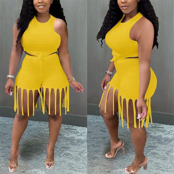 

women's tracksuits chronstyle 2 pieces clubwear women suits sleeveless tank bandage crop high waist tassels biker shorts summer outfit, Gray