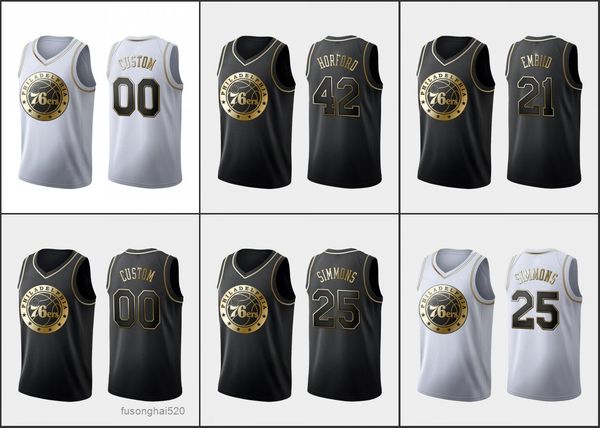 

printed custom philadelphia76ersmen joel embiid ben simmons tobias harris al horford custom golden edition jersey, Black