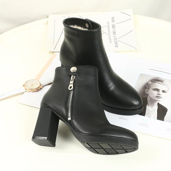 

boots vallu fashion women's leather waterproof platform thick bottom high heel short real wool snow, Black