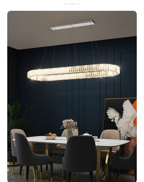 Modern Oval Paslanmaz Çelik Altın Krom Yemek Odası LED Avize Aydınlatma Nordic Lüks K9 Kristal Dim Asılı Lamba