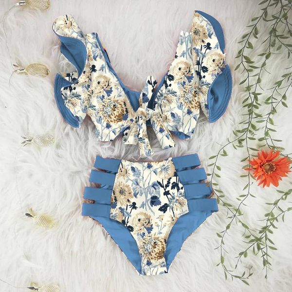 

women's swimwear high waist bikinis 2021 print women swimsuit shoulder ruffle bathing suits beach wear push up biquini female, White;black