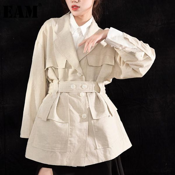 

women's jackets [eam] loose fit linen single breasted long big size jacket lapel sleeve women coat fashion tide spring 2021 1x50104, Black;brown
