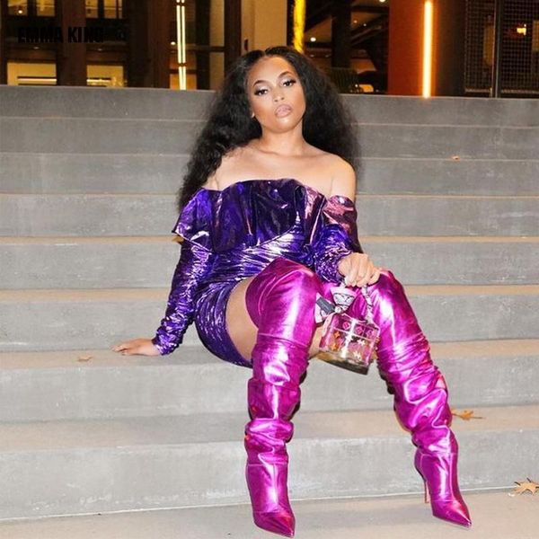 

boots pink/sliver patent leather thigh high woman 12 cm stiletto heels pointed toe over the knee long size 44, Black
