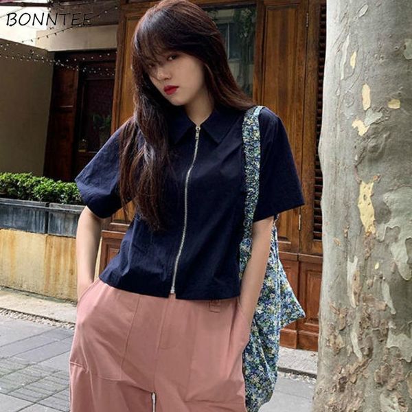 

women's blouses & shirts short sleeve women solid zipper turn-down collar crop minimalist fashion chic casual daily all-match womens, White