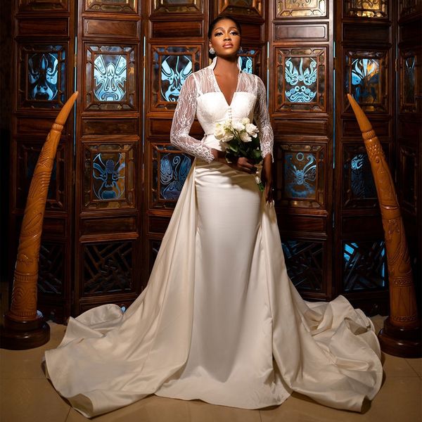 

graceful lace mermaid wedding dresses with detachable train bridal gowns long sleeves v neck plus size trumpet satin robe de mariÃ©e, White