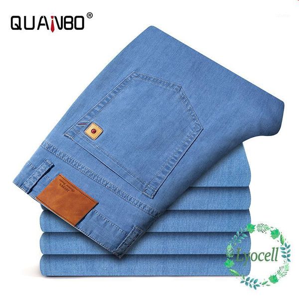 

men's loose straight fit jean 2021 summer thin lyocell business casual light blue stretch denim pants male trousers jeans