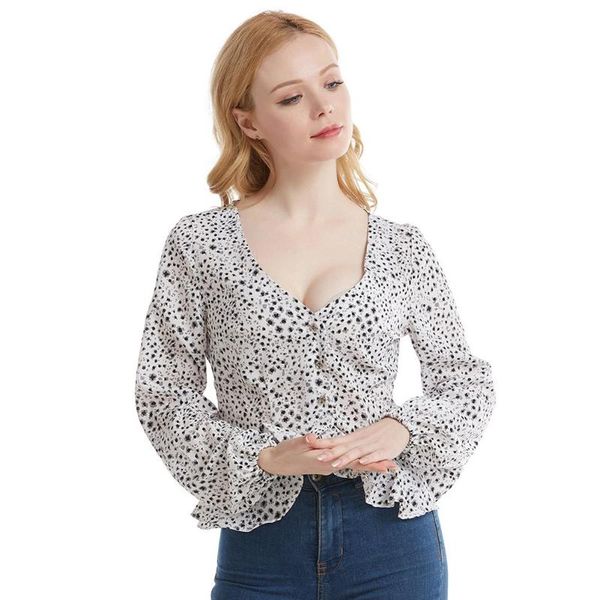 

women fashion v neck ruffles sleeve summer dot print ruffle cardigan long shirt comfortable casual blouse 2021 women's blouses & shirts, White