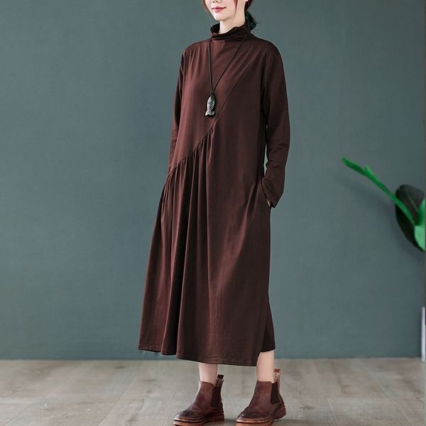 

hzuz cotton hemp loose 2021spring style pure color high collar medium length long sleeve slim plus size es large women's dress dresscot