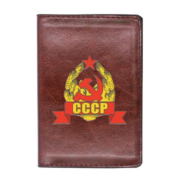 

card holders brown leather case cccp soviet union design men women passport cover slim travel id holder wallet, Brown;gray