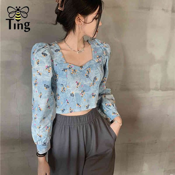 

fashion chic soft girl vintage denim floral print short blouses retro sweatheart neckline elastic blusas casual za 210513, White