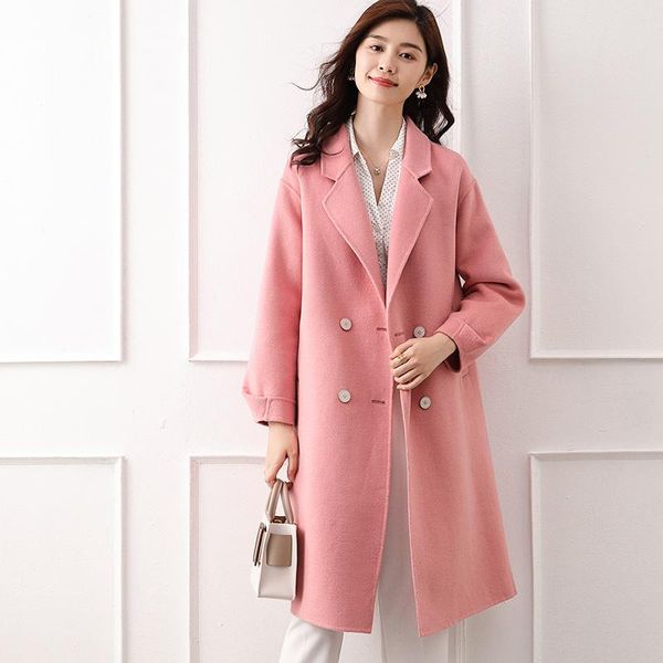 

women's wool & blends autumn and winter high-end double-sided woolen cashmere coat women korean style mid-length 100% pure color cardig, Black